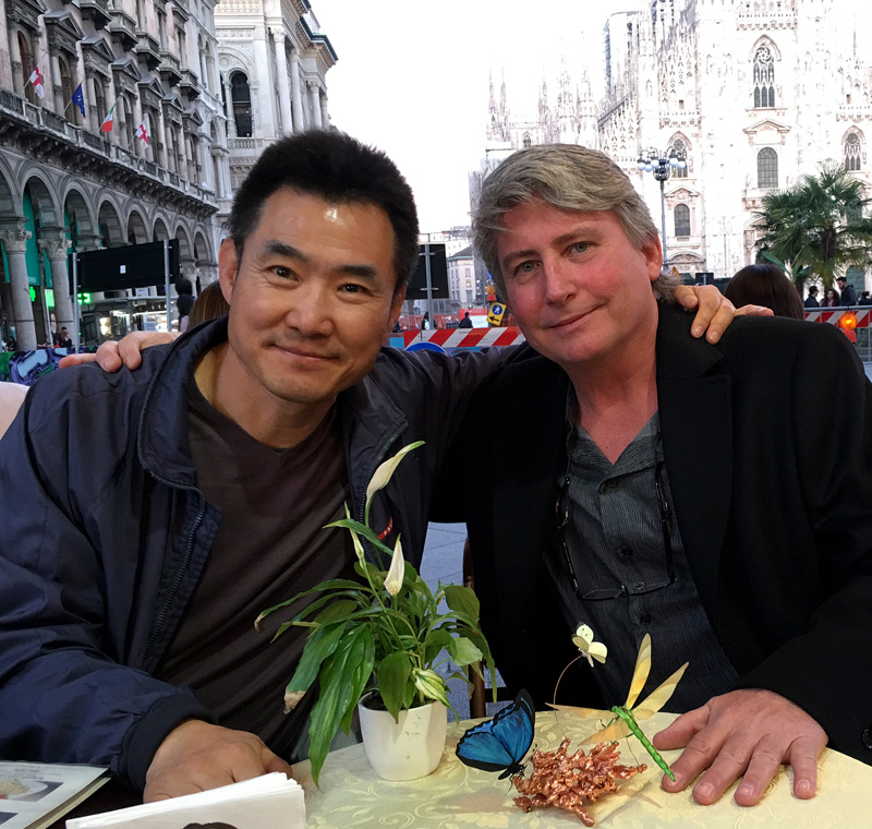 Sangdoo Shin Korean designer with Graham Owen at Bar Duomo Milan Italy