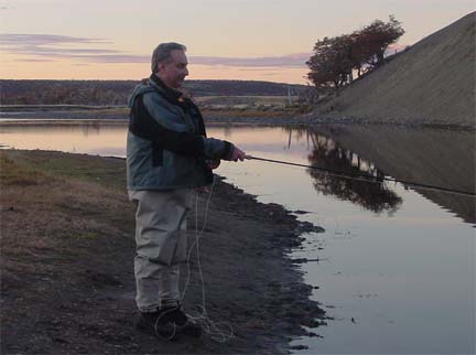 Jim Teeny enjoying a nice evening, fly fishing the Rio Grande River in southern Patagonia