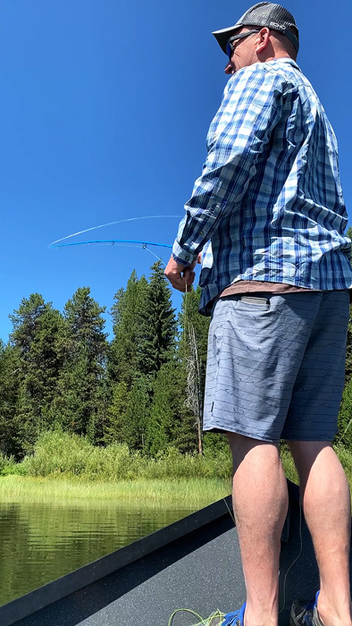 Tim Rajeff distance casing a fiberglass Echo fly rod