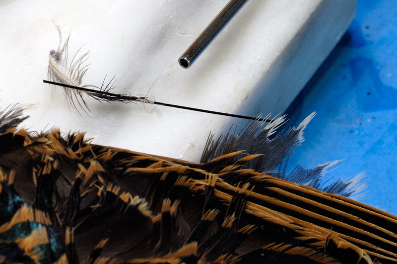 Starling neck feather tied onto a thin plastic hand broom bristle for making legs