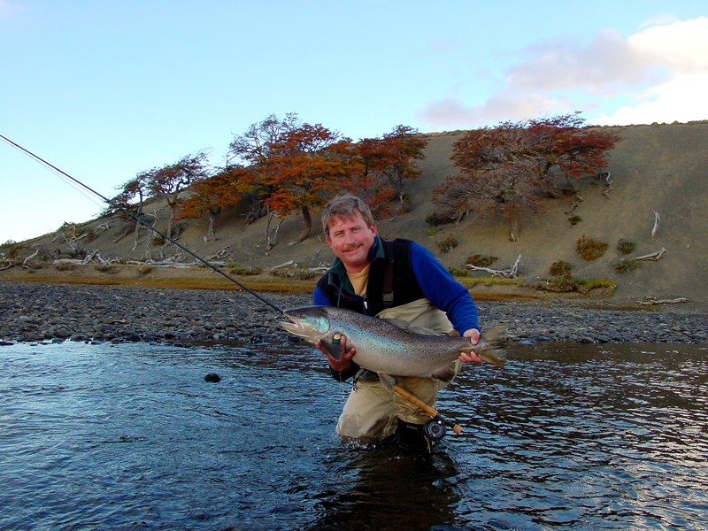 Huge serun brown trout with fall coloring on the trees