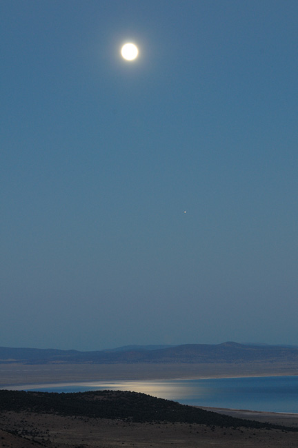 Full moon reflection upon Mono Lake just after sunset